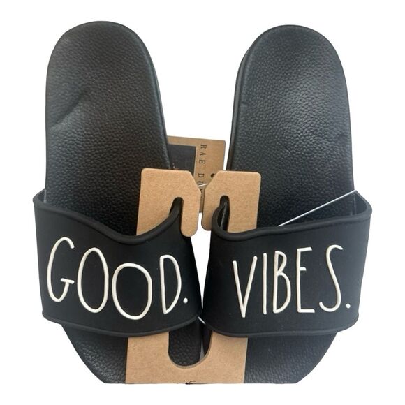New Women's Rae Dunn Good Vibes Black Slides Size 8 - Picture 4 of 8
